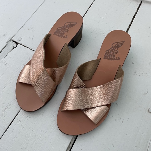 Ancient Greek Sandals Shoes - Ancient Greek sandals rose gold crisscross leather 2 inch block heel